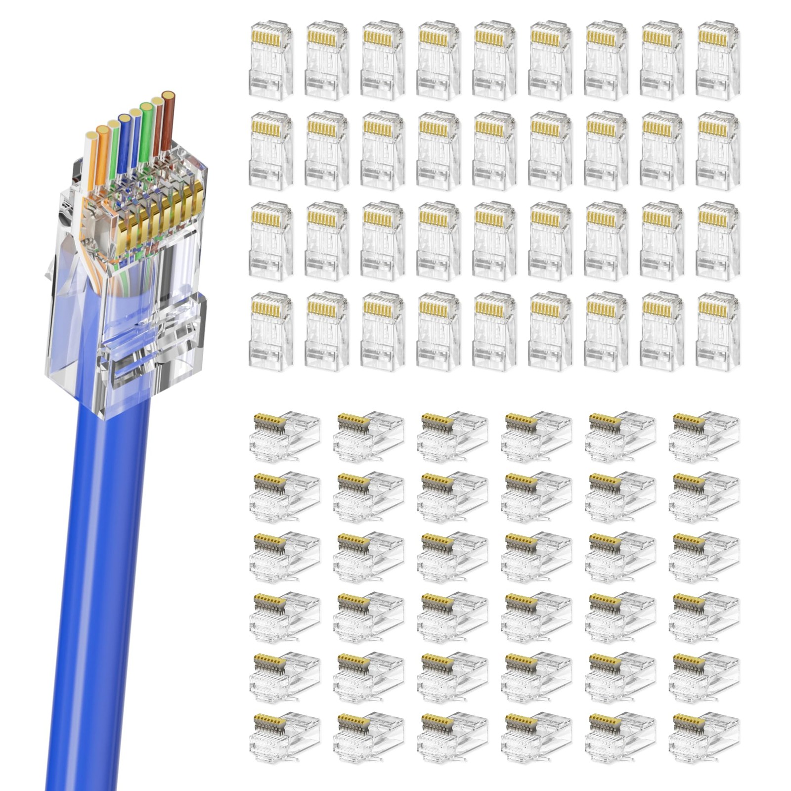 100 PCS Cat 6 PassThrough RJ45 Connectors Gold Plated UTP Ethernet Crimp
