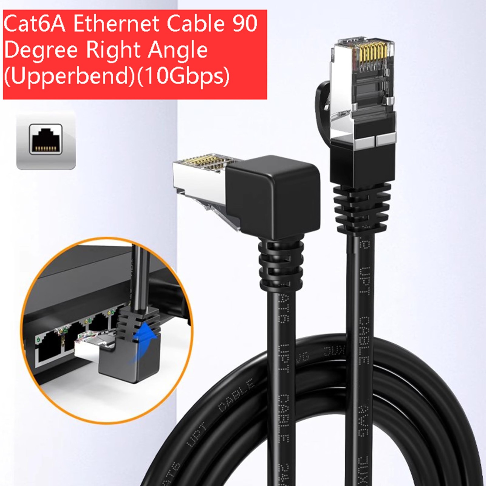 2 PCS 4.8FT 90 Degree Right Angle UP CAT6A RJ45 LAN Patch Cord Black