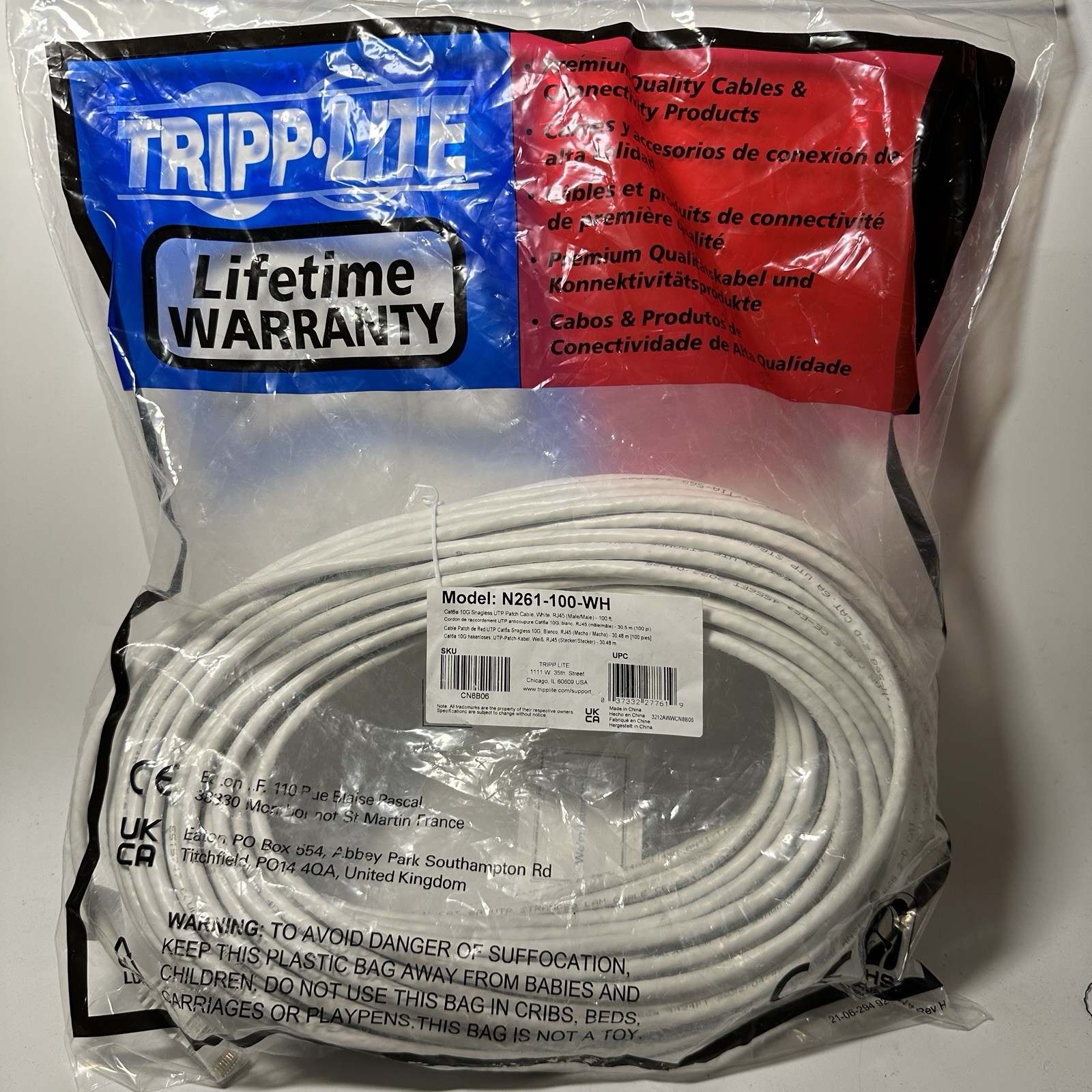 Tripp Lite Cat6a 10G Snagless Molded UTP Ethernet Cable 100ft N261-100-WH