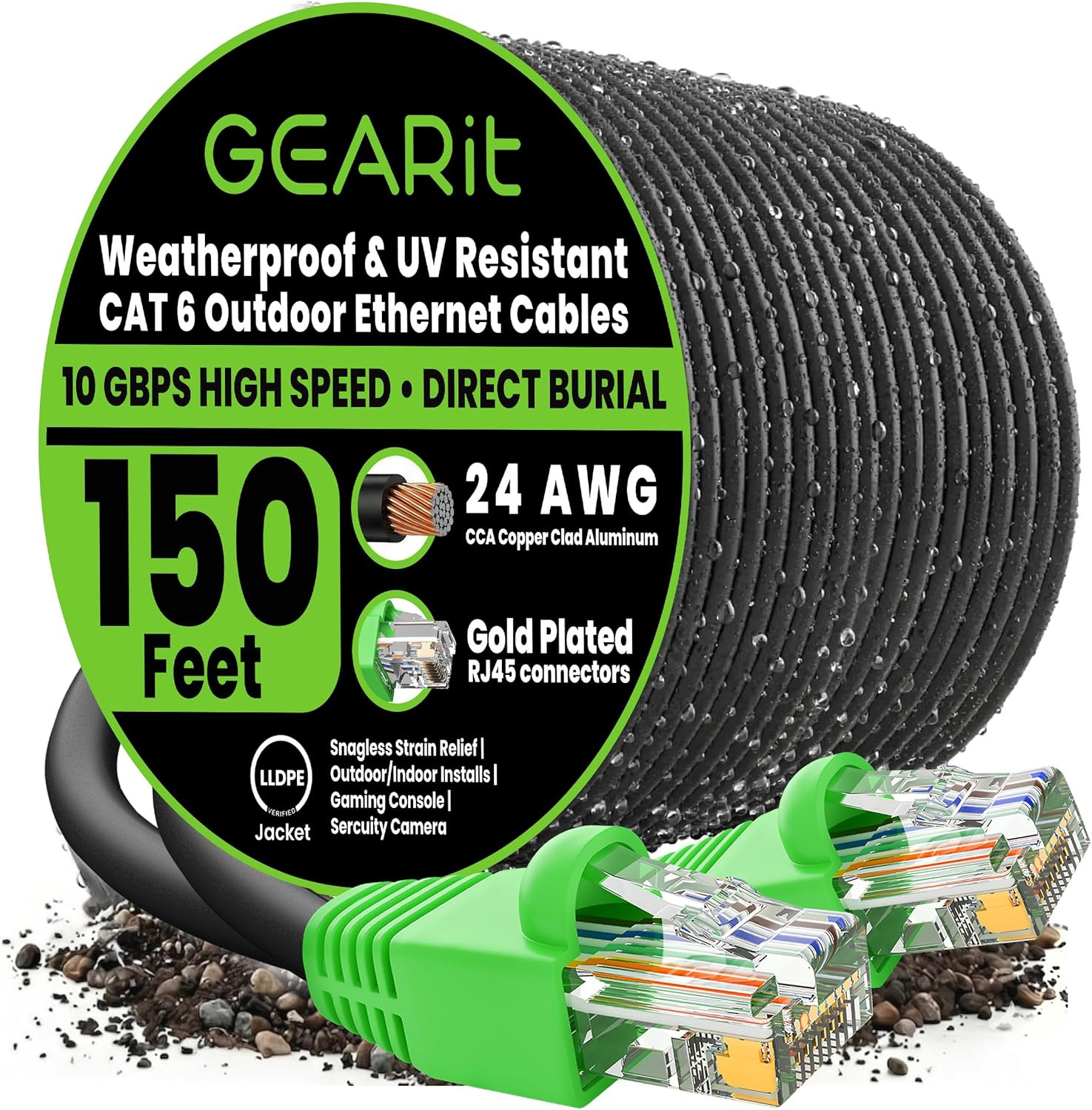 Cat6 Ethernet Cable 150Ft, Outdoor Direct Burial Cat 6 Cable 24AWG High Speed up
