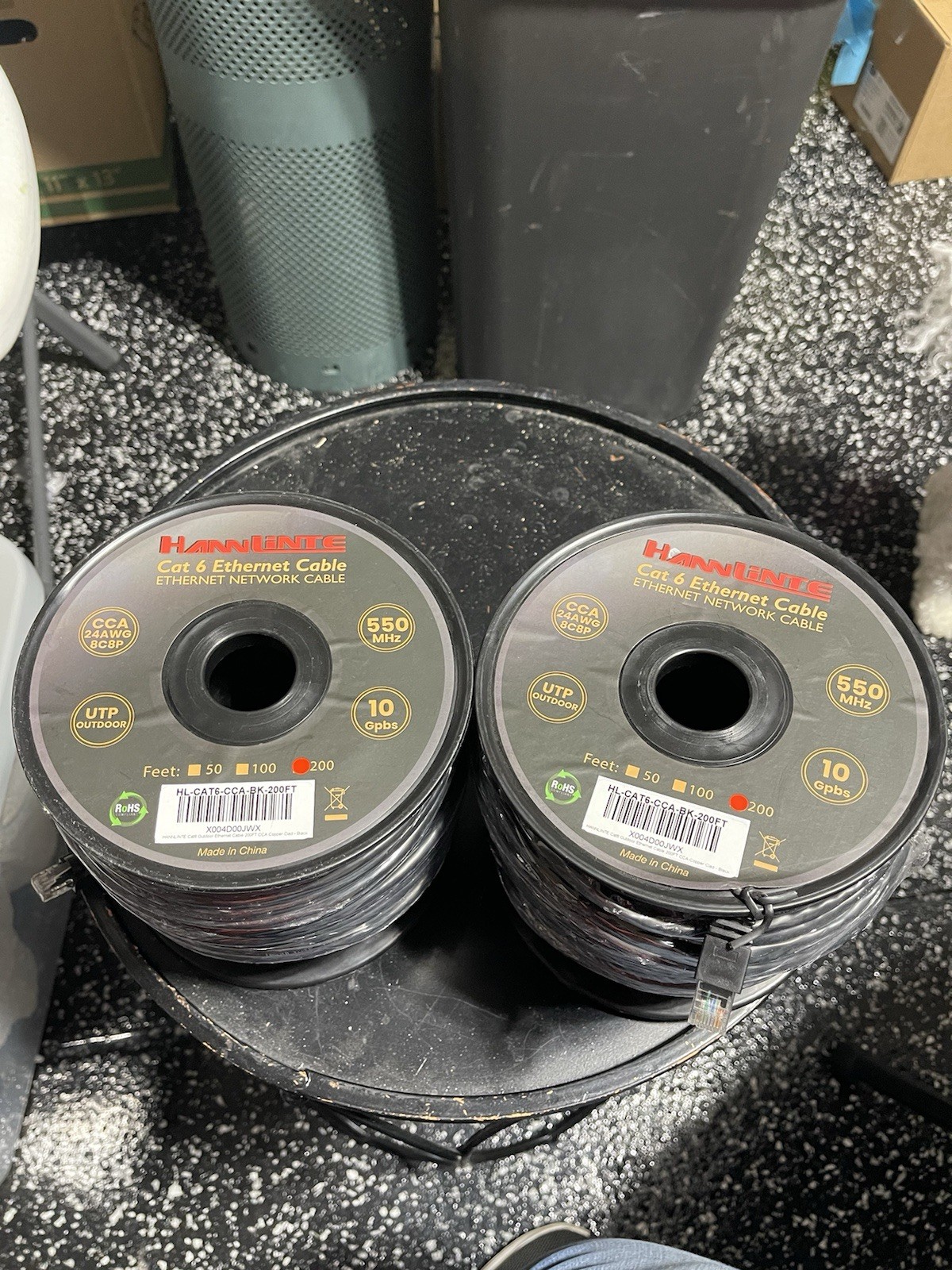 HANNLINTE Cat 6 Outdoor Ethernet Cable 200FT 24AWG 550MHz HL-CAT6-CCA-BK 1 Roll