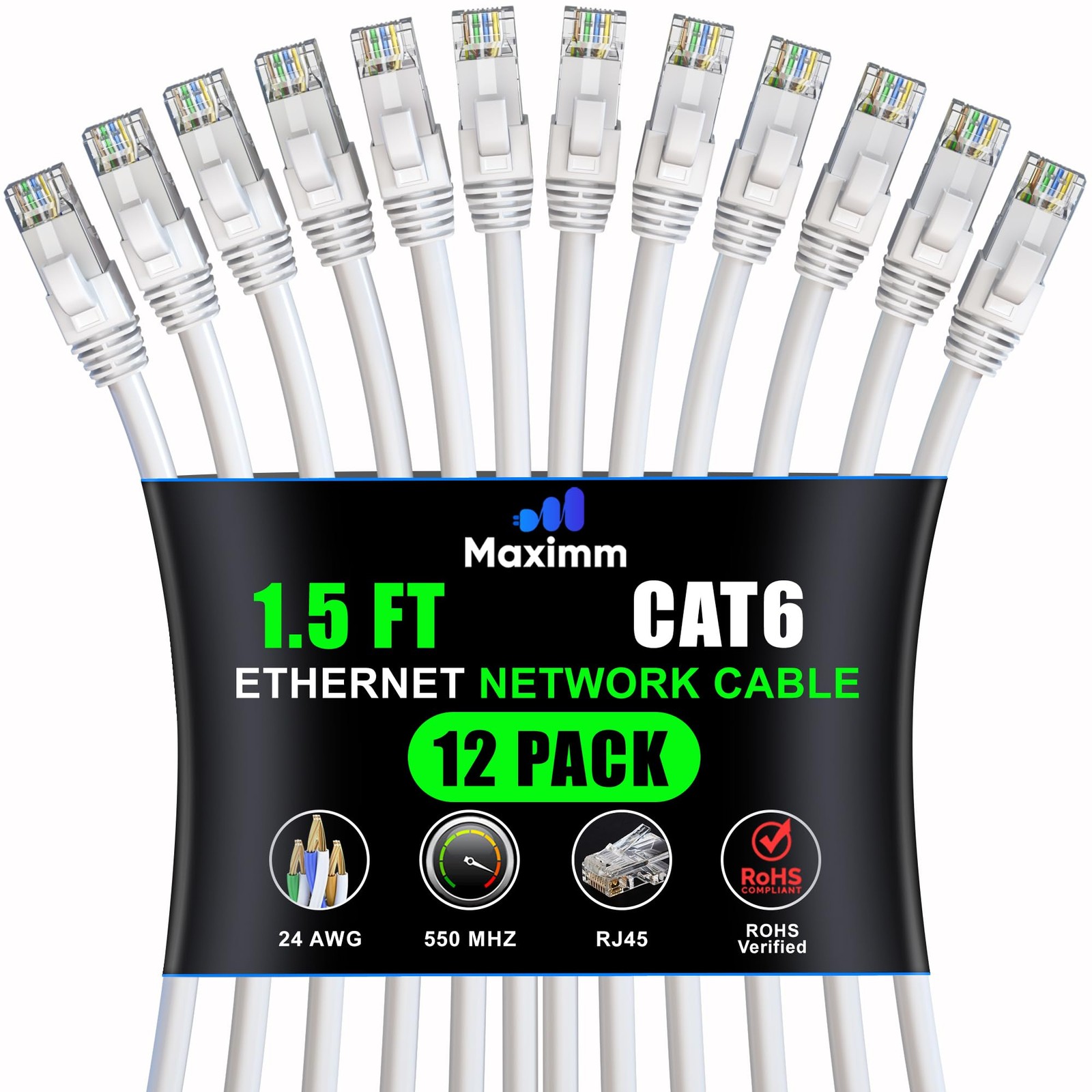 Ethernet Cable Cat 6 White 1.5 Ft 12 Pack UTP LAN Network Patch Cord