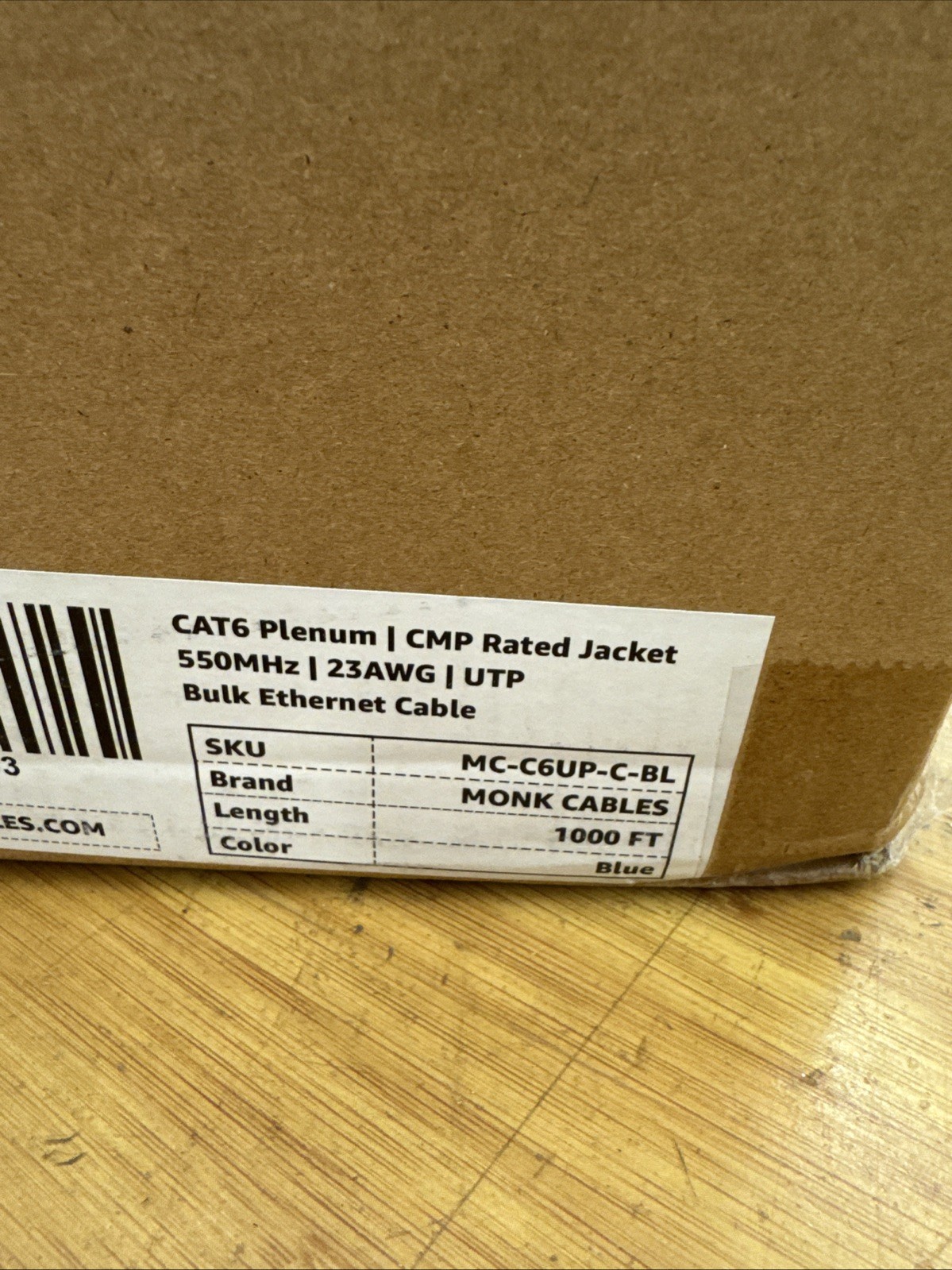 Monk Cables Cat6 Plenum CMP Rated Jacket 1000ft UTP 550MHz 23AWG Ethernet Blue