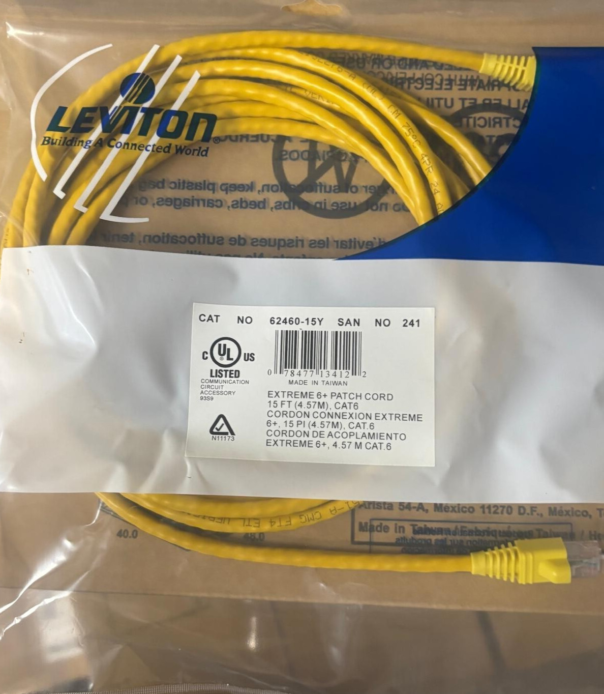 Lot of 10 Leviton 62460-15Y Yellow Extreme 6+ Patch Cord, 15ft, Cat 6