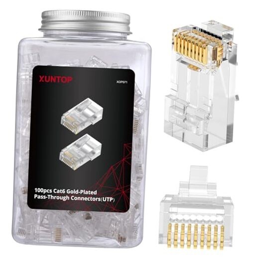 100-Pack RJ45 Connectors for Cat6 Cat5 Cat5e Gold-Plated RJ45 Pass Through