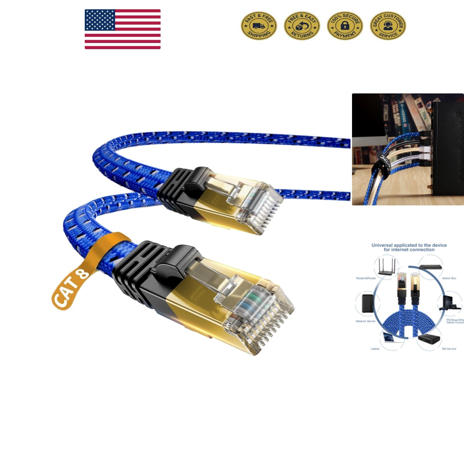 16ft Nylon Braided Cat 8 Ethernet Cable – 40Gbps, Universal RJ45 Connector