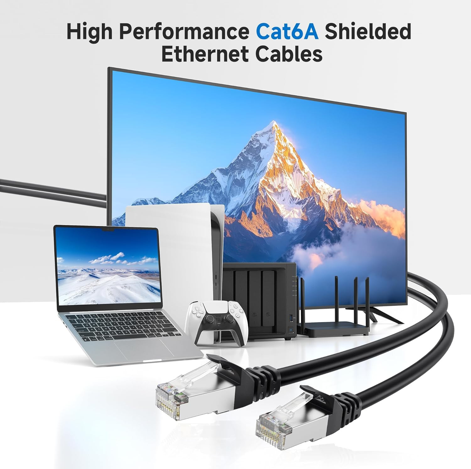 Cable Matters 10Gbps 5-Pack Snagless Shielded Cat 6A Cable, 1Ft, Black | S/FTP