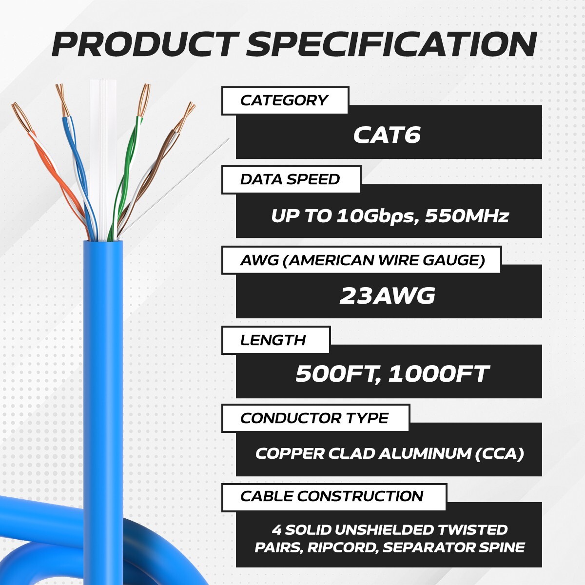 CAT6 500ft UTP Ethernet Network Cable Blue 23AWG LAN Solid Bulk Wire