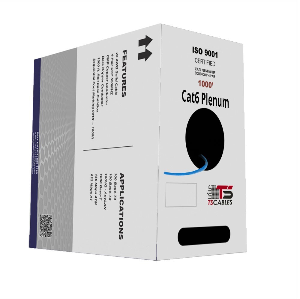 TSCables Cat6 Cable 1000ft Solid Bare Copper 550Mhz Plenum Rated Blue Not CCA