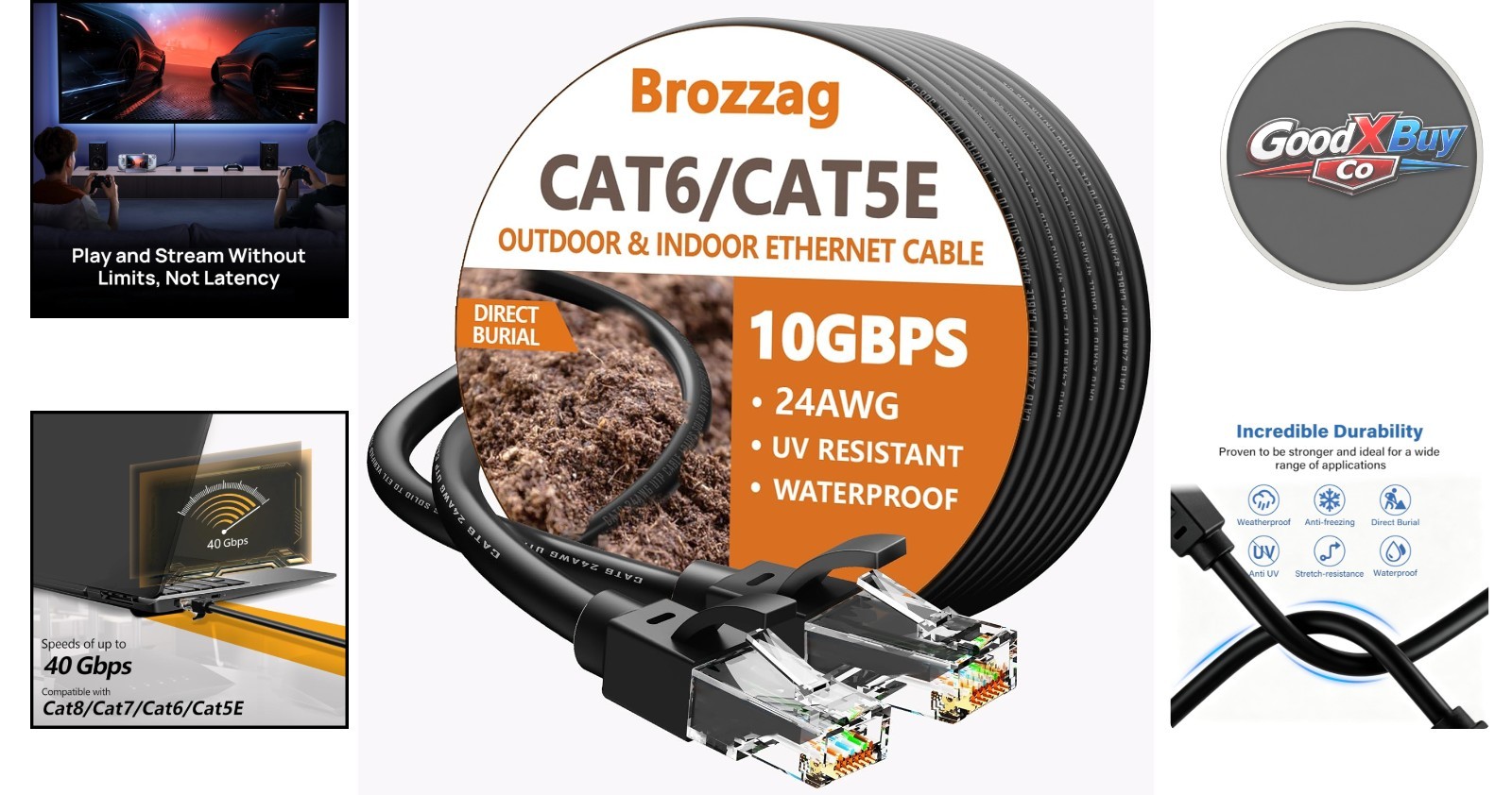 150ft Waterproof Cat6 Ethernet Cable Indoor Outdoor Heavy Duty 10Gbps