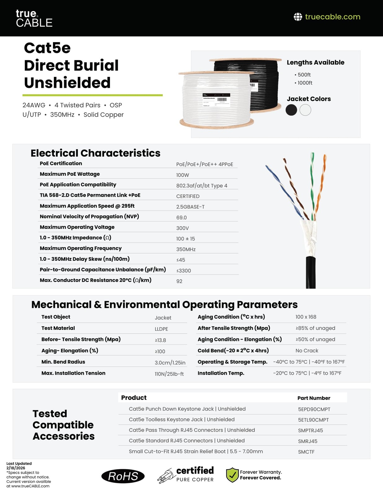 TRUE CABLE Cat5e Direct Burial Bulk Ethernet Cable, Unshielded 500ft, black