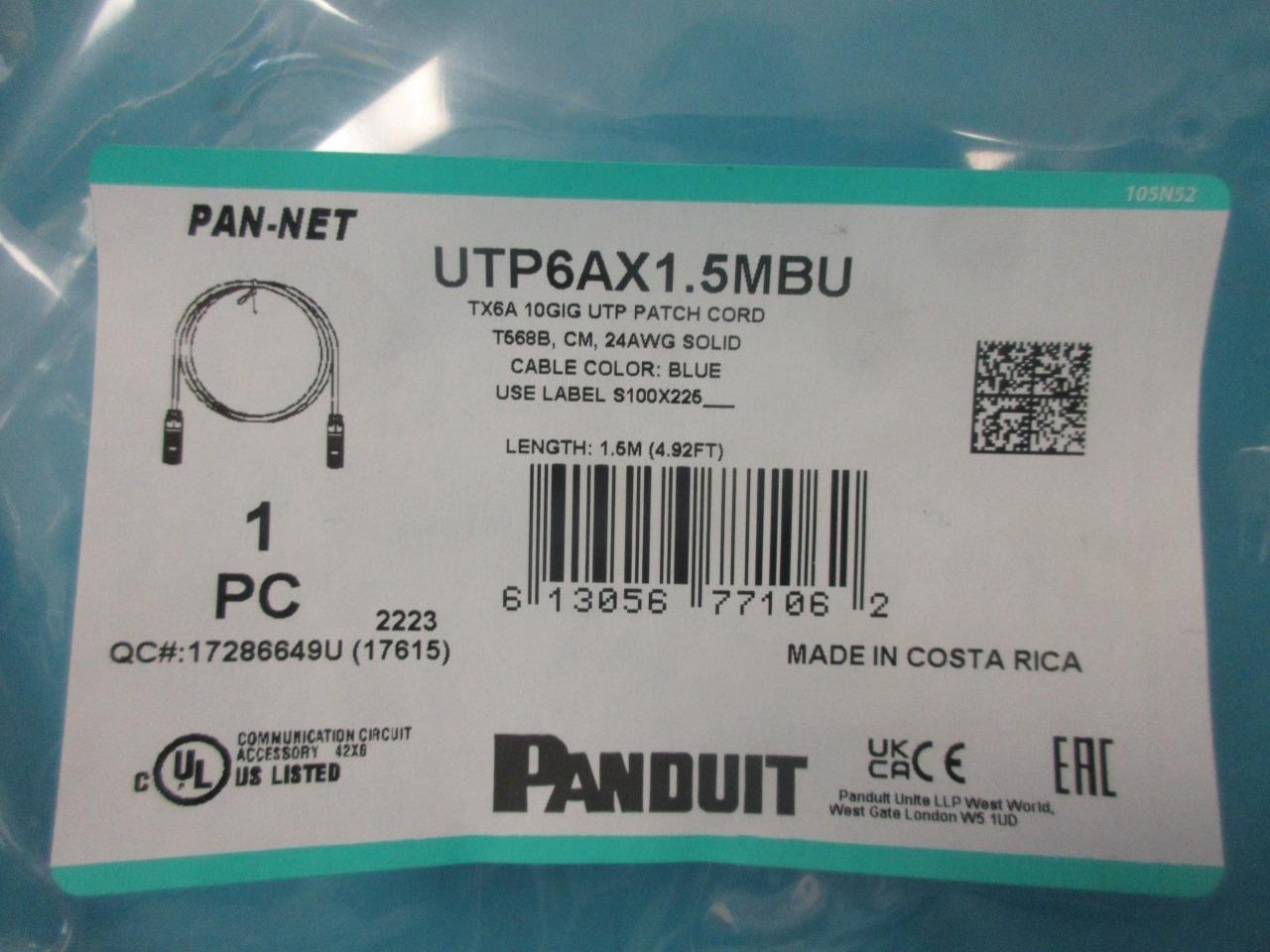 PANDUIT UTP6AX1.5MBU 5′ CAT 6A 26AWG SNAGLESS S/FTP PVC CM ETHERNET PATCH CABLE