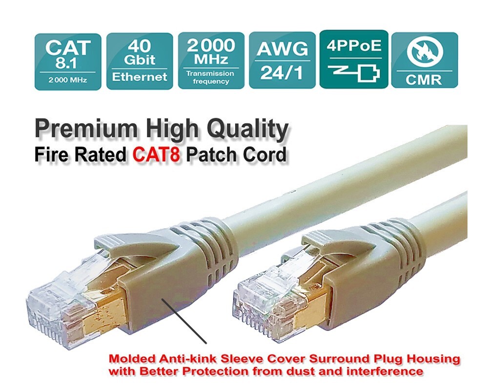 Sunnytech CAT8 CMR AWG24, 2000MHz 40Gbps PoE++, Fire Rated Patch Cord, Grey, 3ft