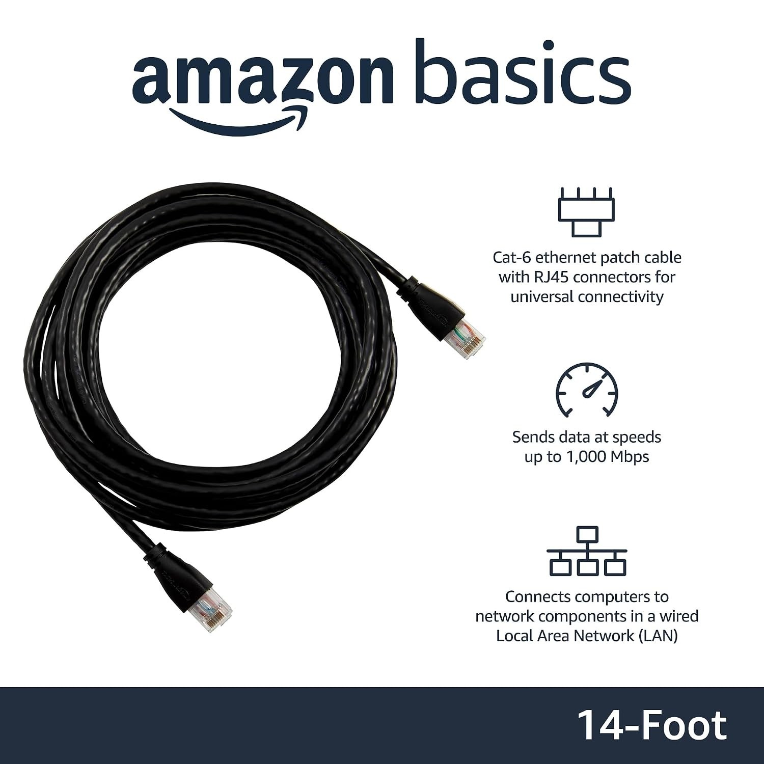 Universal 14 Foot Cat-6 Ethernet Cable Black for High Speed Internet Connection