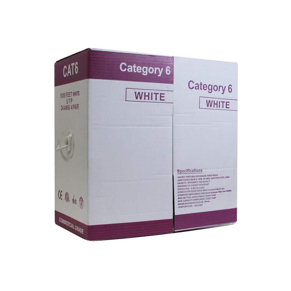 CAT6 1000FT ETHERNET CABLE Solid Bare Copper White 23AWG 4Pair 350MHz ETL Listed