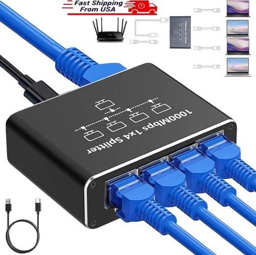 Gigabit Ethernet Splitter 1 to 4 Port USB Powered, Compact Aluminum RJ45 Adapter