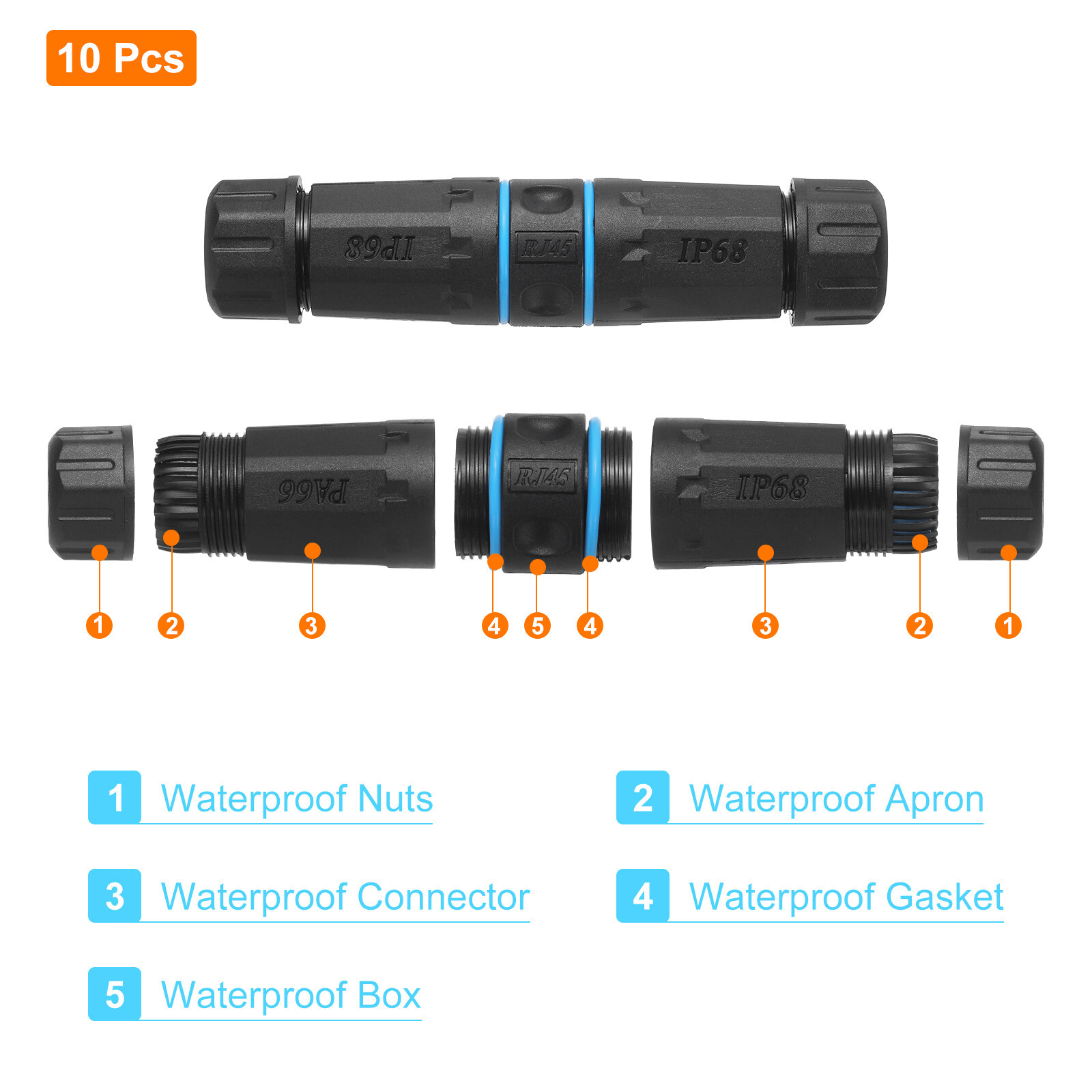 Waterproof RJ45 Coupler, Dual Head IP68 Ethernet LAN Cable Connector, Pack of 10