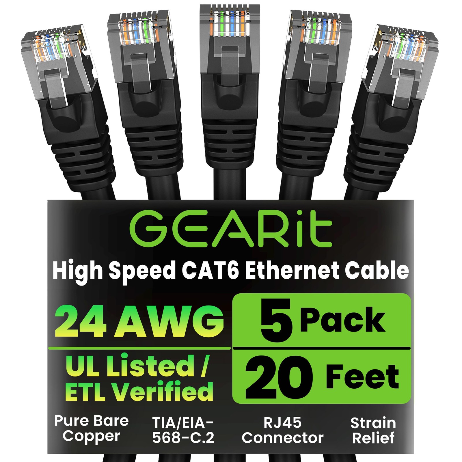Black 20 Ft 10 Gbps Snagless Gold Plated RJ45 Cat 6 Ethernet Patch Cable 5Pack
