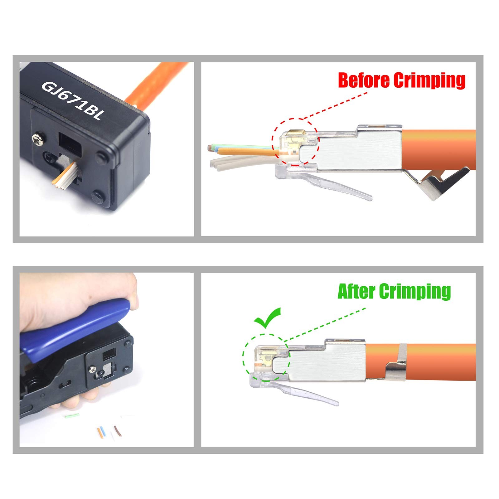50-Pack UL-Listed Cat7 Cat6A Shielded Pass Through RJ45 Connectors 3-Prong