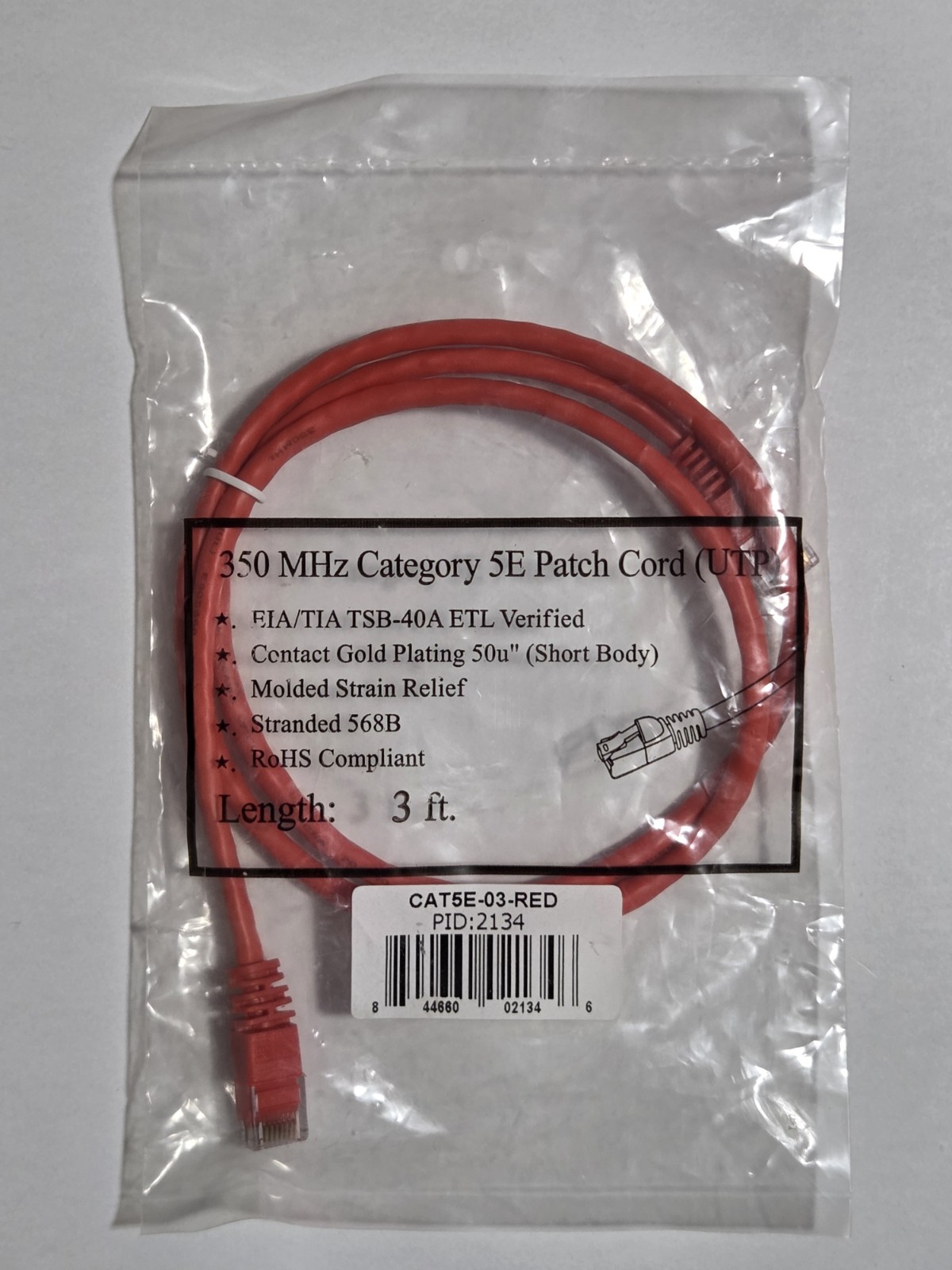 Red 3FT 350MHz Category 5E Patch Cord UTP, EIA/TIA TSB-40A (50u Short Body) 568B