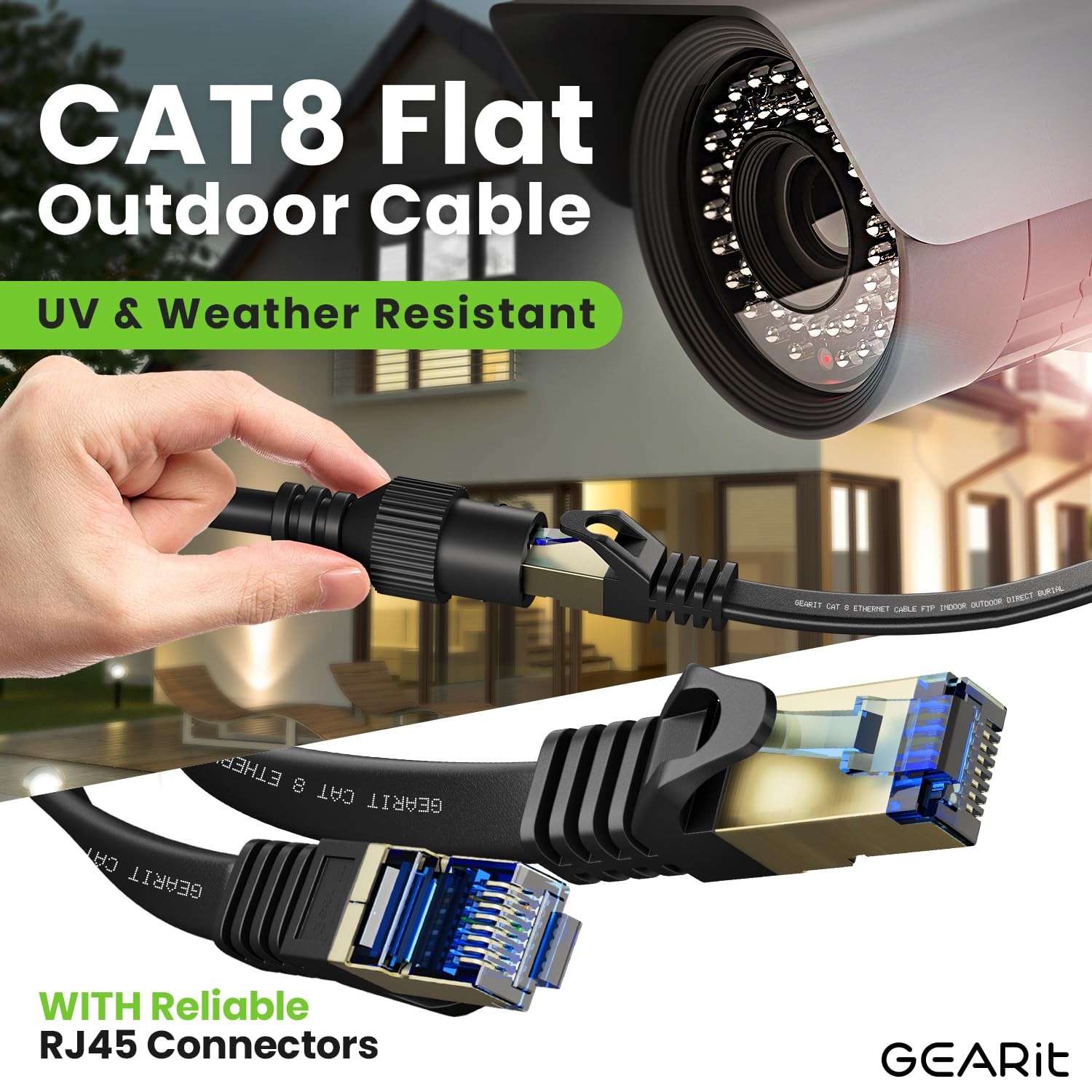 Cat 8 Outdoor Flat Ethernet Cable 6ft Black Shielded FTP RJ45 40Gbps 2000MHz
