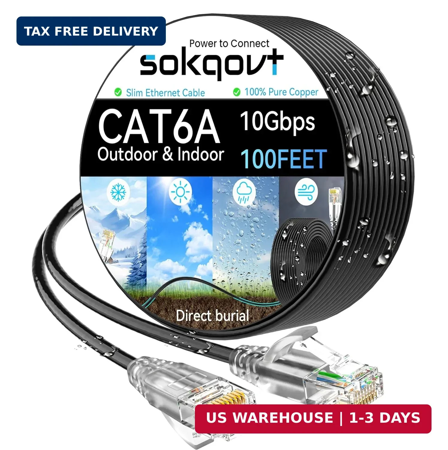 Cat6a Ethernet Cable Slim 100ft Outdoor&Indoor, 28AWG Pure Copper Cat6 Internet