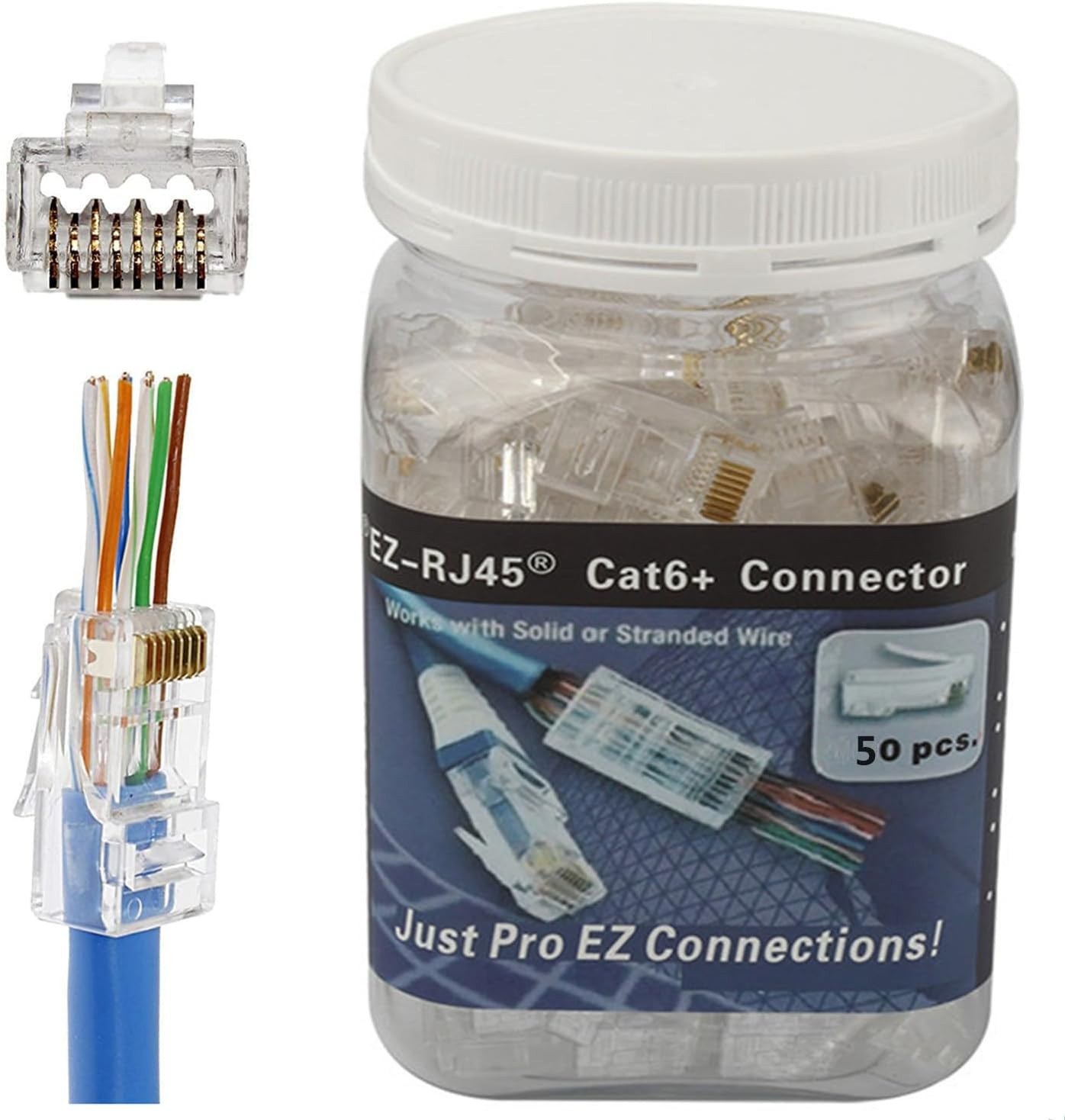 RJ45 Cat6A Cat6 Pass through Connectors 50Pack 23AWG End Bold Ethernet 8P8C