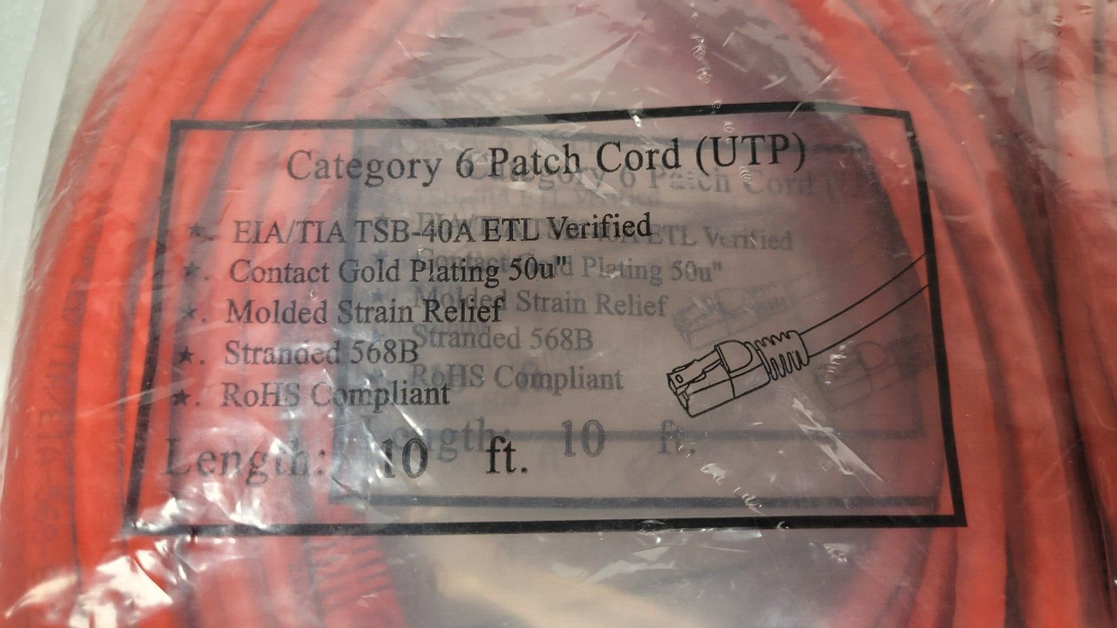 Lot of 17 CAT6 Patch Cord UTP EIA/TIA TSB 40A Contact Gold Plated 50u 10 FT RED
