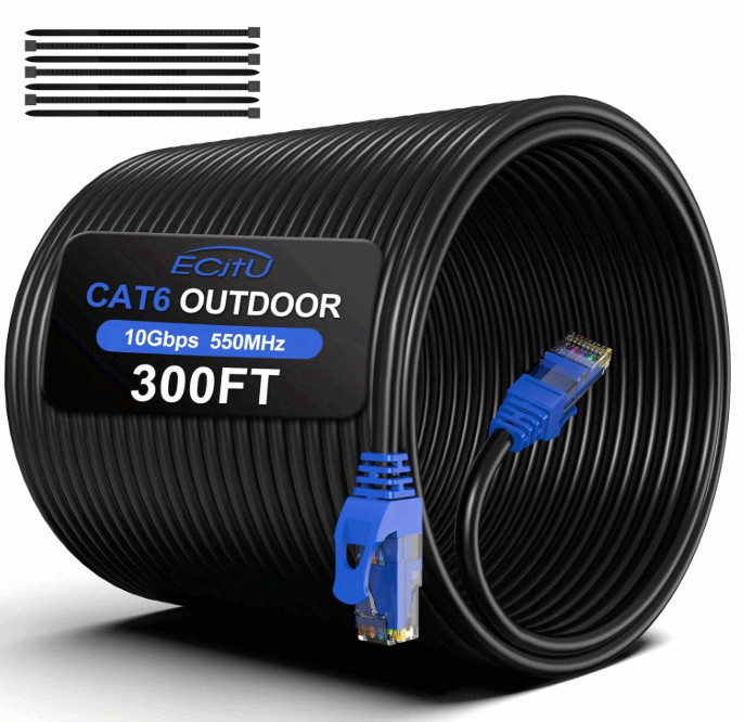 300FT Cat6 Outdoor Ethernet Cable, Direct Burial, Waterproof, UV Resistant, POE