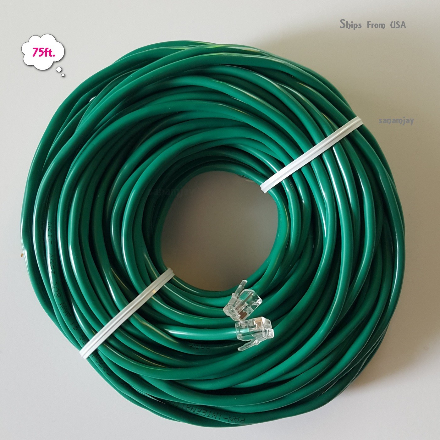 75ft. RJ11 RJ12 Green DSL CAT5e Telephone Data Cable for Centurylink, AT&T, etc.
