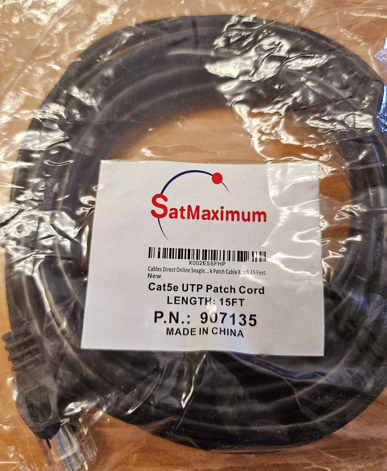 BRAND NEW SatMaximum Cat5e 15 Foot UTP Male RJ-45 Ethernet Patch Cord Black