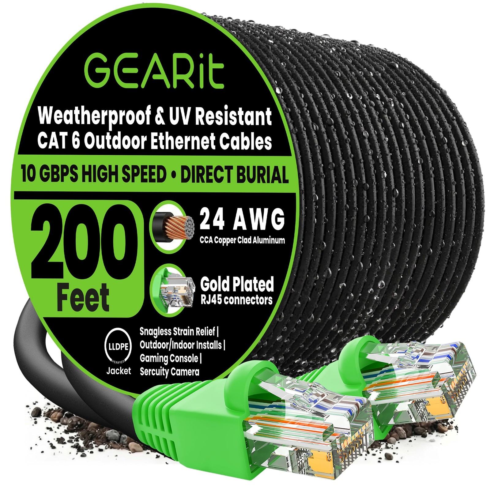 GEARit Cat6 Ethernet Cable 200ft, Outdoor Direct Burial Cat 6 200 Feet, Black