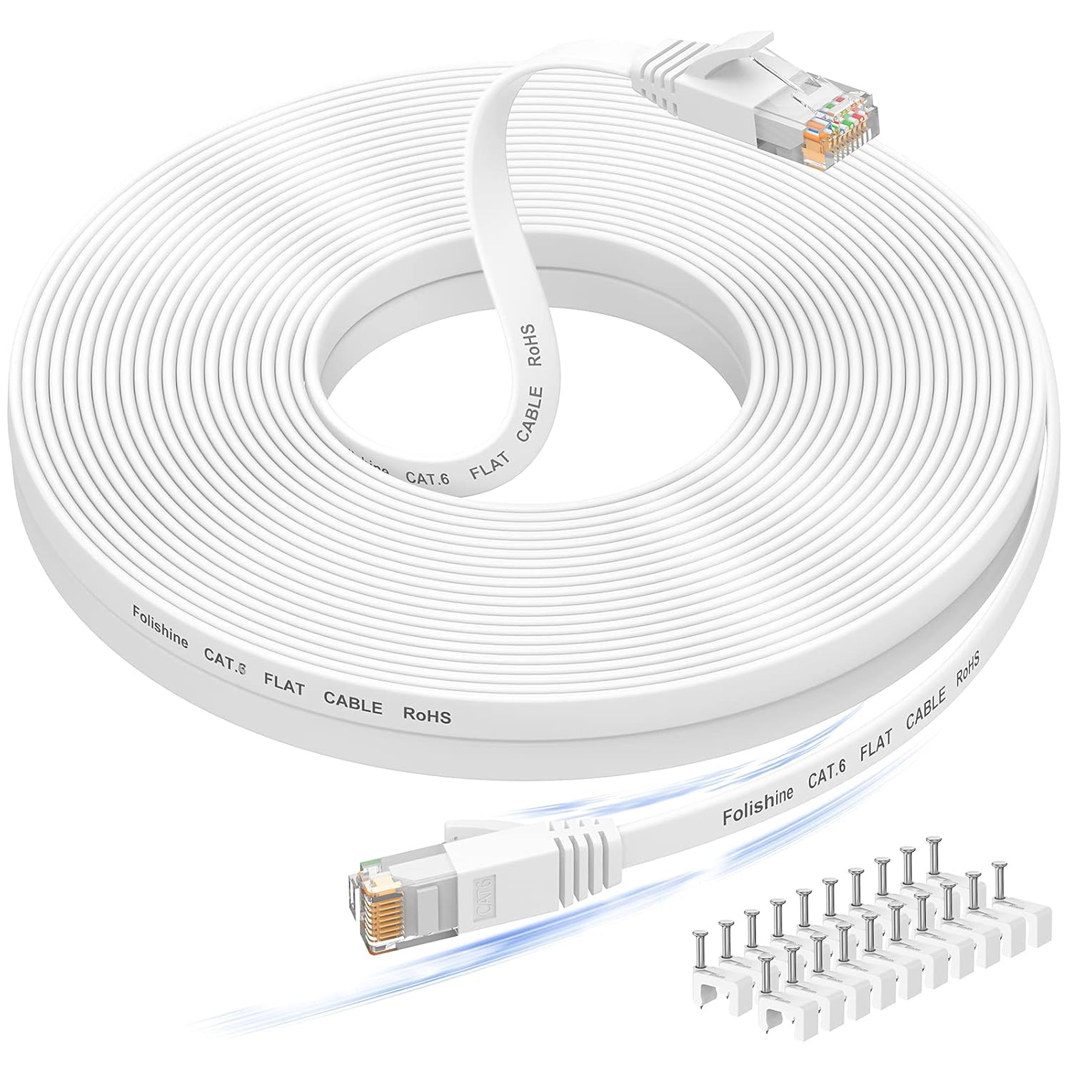 50 Ft Ethernet Cable, Cat 6E/Cat 6, High Speed, Flat White Shielded