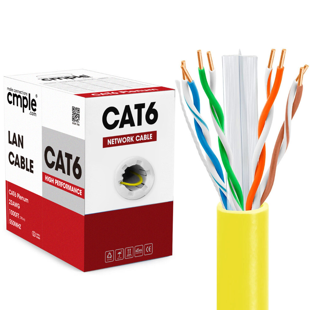 Plenum CAT6 Cable Bulk 1000FT 23AWG UTP Solid Wire 550MHz RJ45 CMP Ethernet Cord