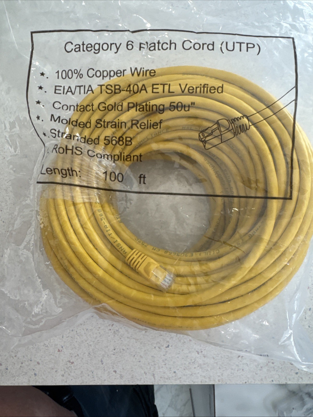 Cat6 Ethernet Patch Cable, 100ft Yellow, UTP 100% Copper Stranded 568B RoHs