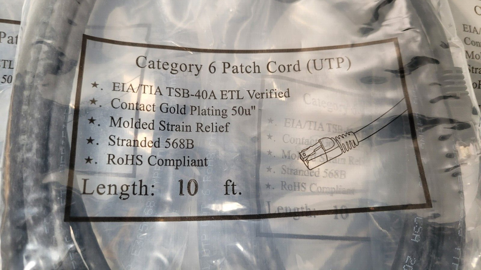 Lot of 10 CAT6 Patch Cord UTP EIA/TIA TSB 40A Contact Gold Plated 50u 10 FT BLCK