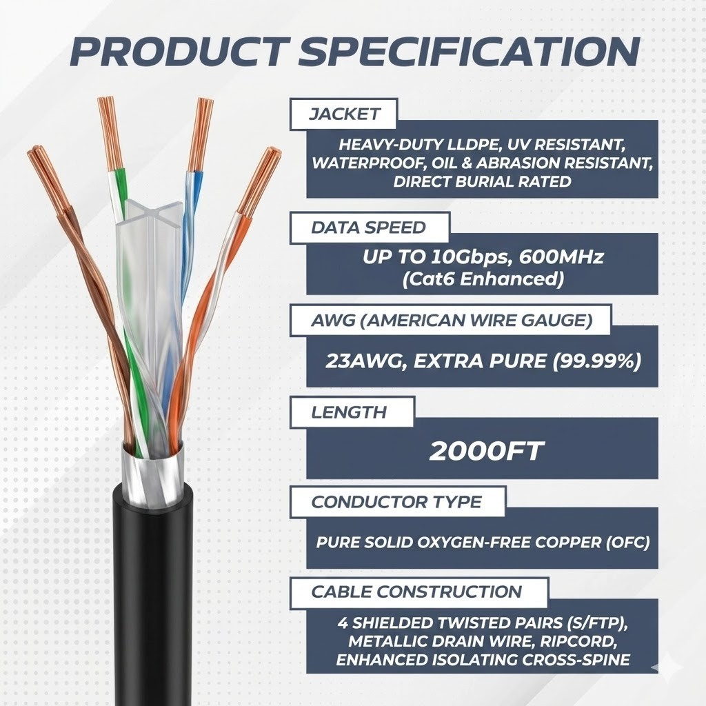 CAT6 Direct Burial Ethernet Cable 23AWG Solid CCA UTP, Waterproof 1000ft Black