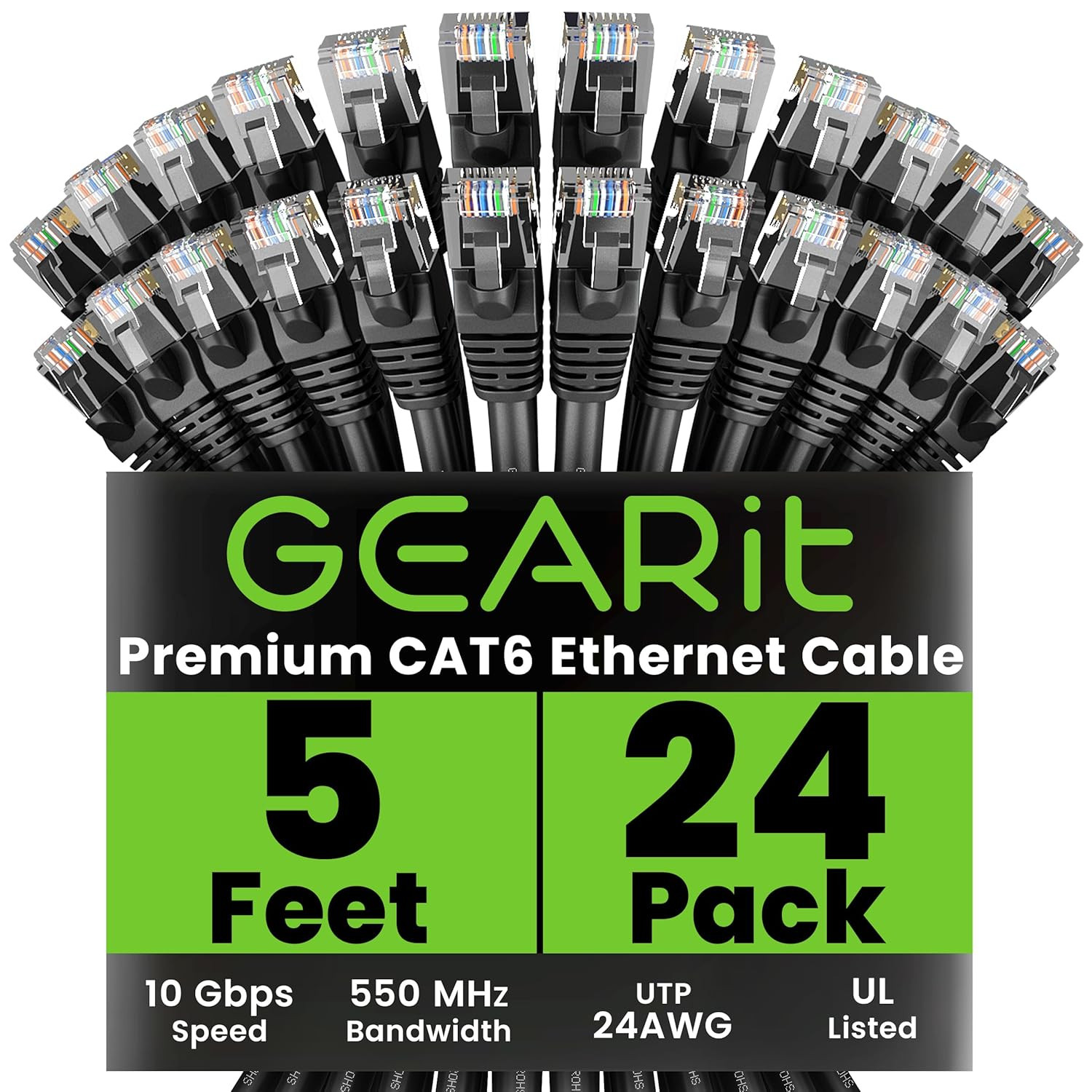 Cat 6 Ethernet Cable (24-Pack 5 Feet) Cat6 Network Patch, 10Gbps, RJ45, Snagless