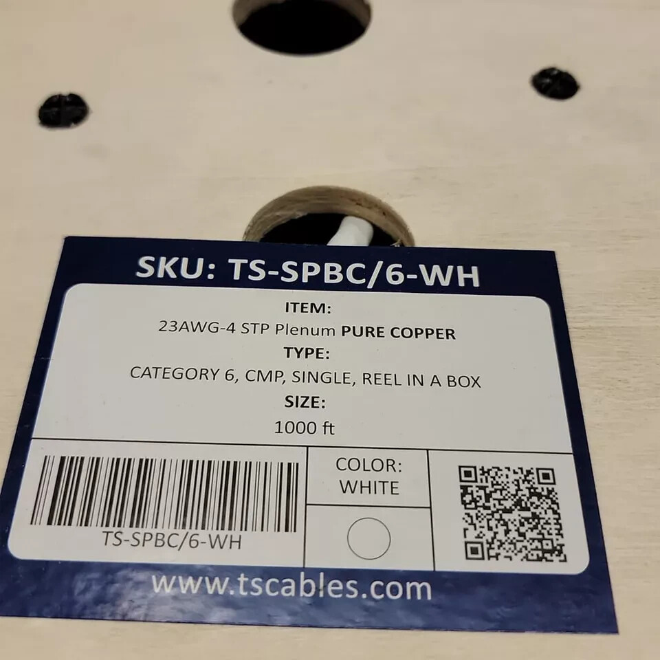 TS Cables Cat6 Plenum F/UTP 1000ft Pure Copper 550MHZ Foil Shielded Cable White