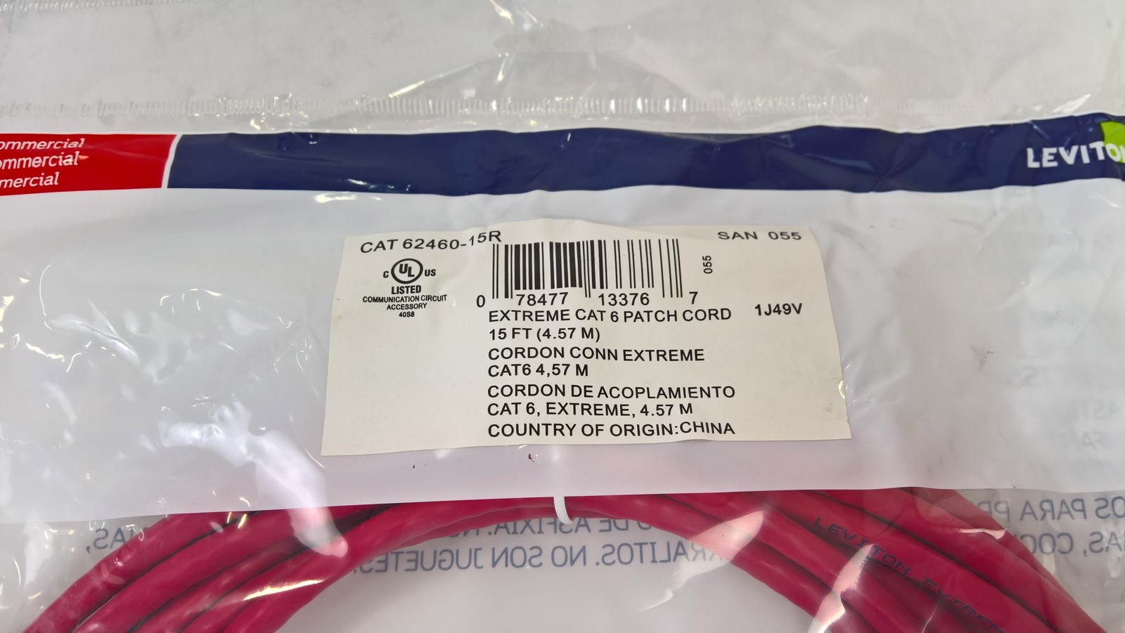 New Leviton EXtreme Standard Cat 6+ UTP Patch Cord, 15 FT, Red 62460-15R