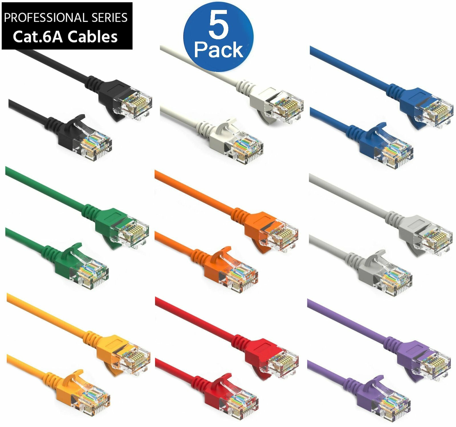 5 Pack CAT6a Slim RJ45 Network LAN Ethernet Copper Wire Color Patch LOT Cable