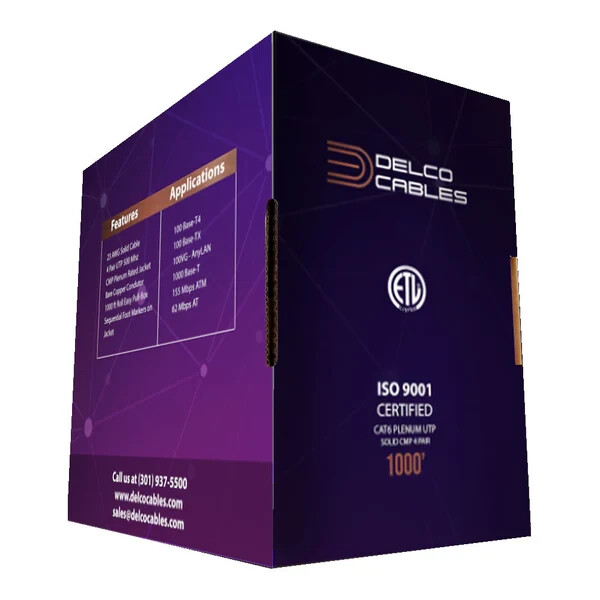 ETL LISTED CAT6 PLENUM UTP 100% SOLID BARE COPPER 550Mhz 1000ft CABLE in BLACK