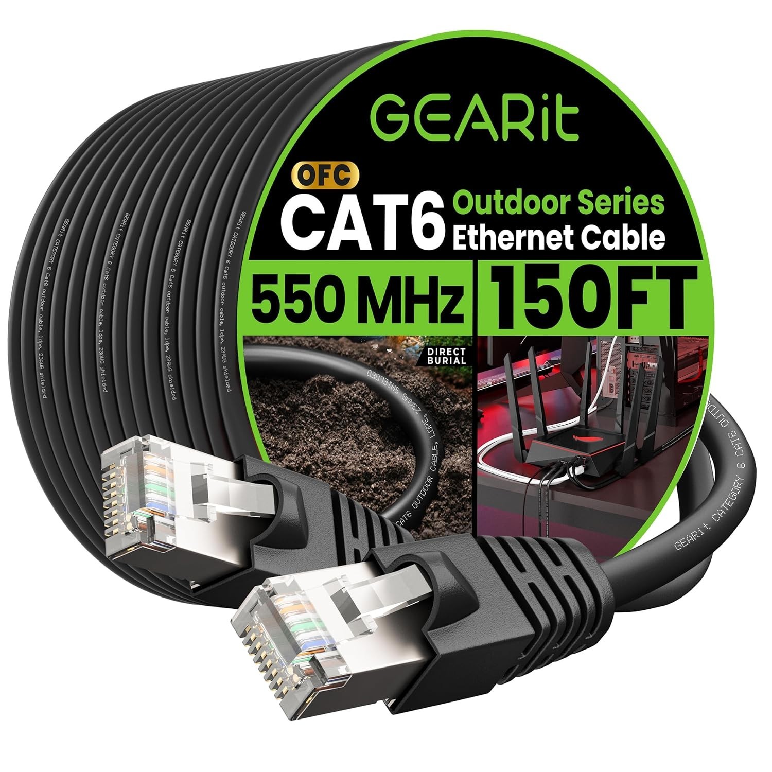 150ft Direct Burial Cat6 Outdoor Ethernet Cable with RJ45 Bubble Boot Connectors