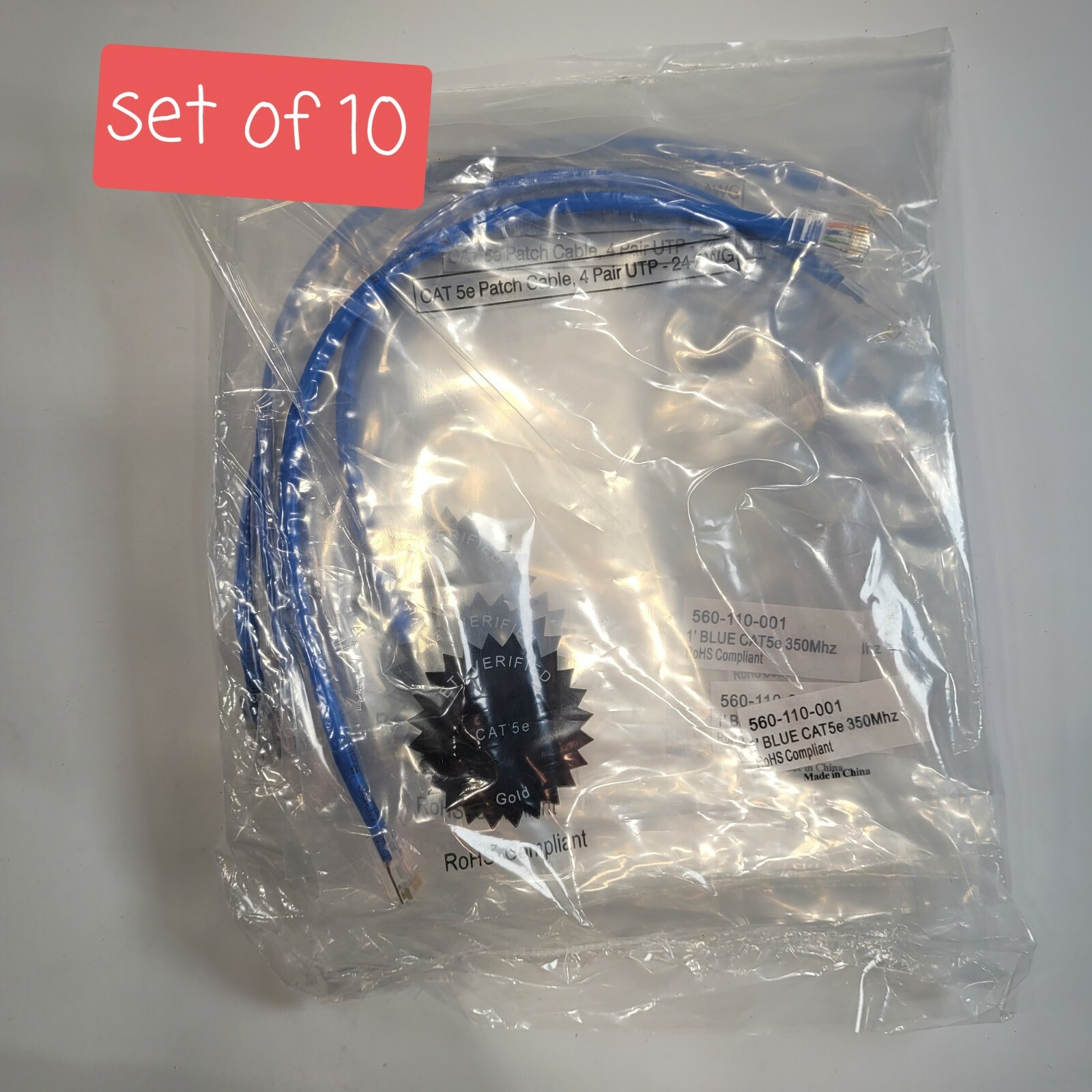 SET OF 10 CAT 5e Patch Cable 560-110-001 1′ BLUE CAT5e 350Mhz RoHS COMPLIANT
