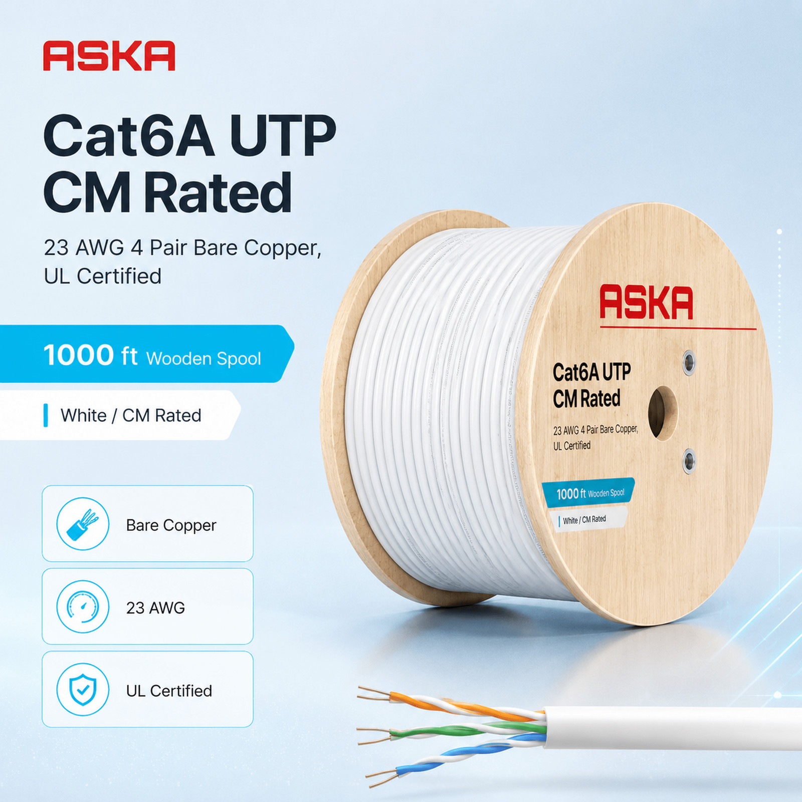 Ethernet LAN Cable UTP CAT6A Solid Bare Copper 23AWG White UL Certified CM Rated