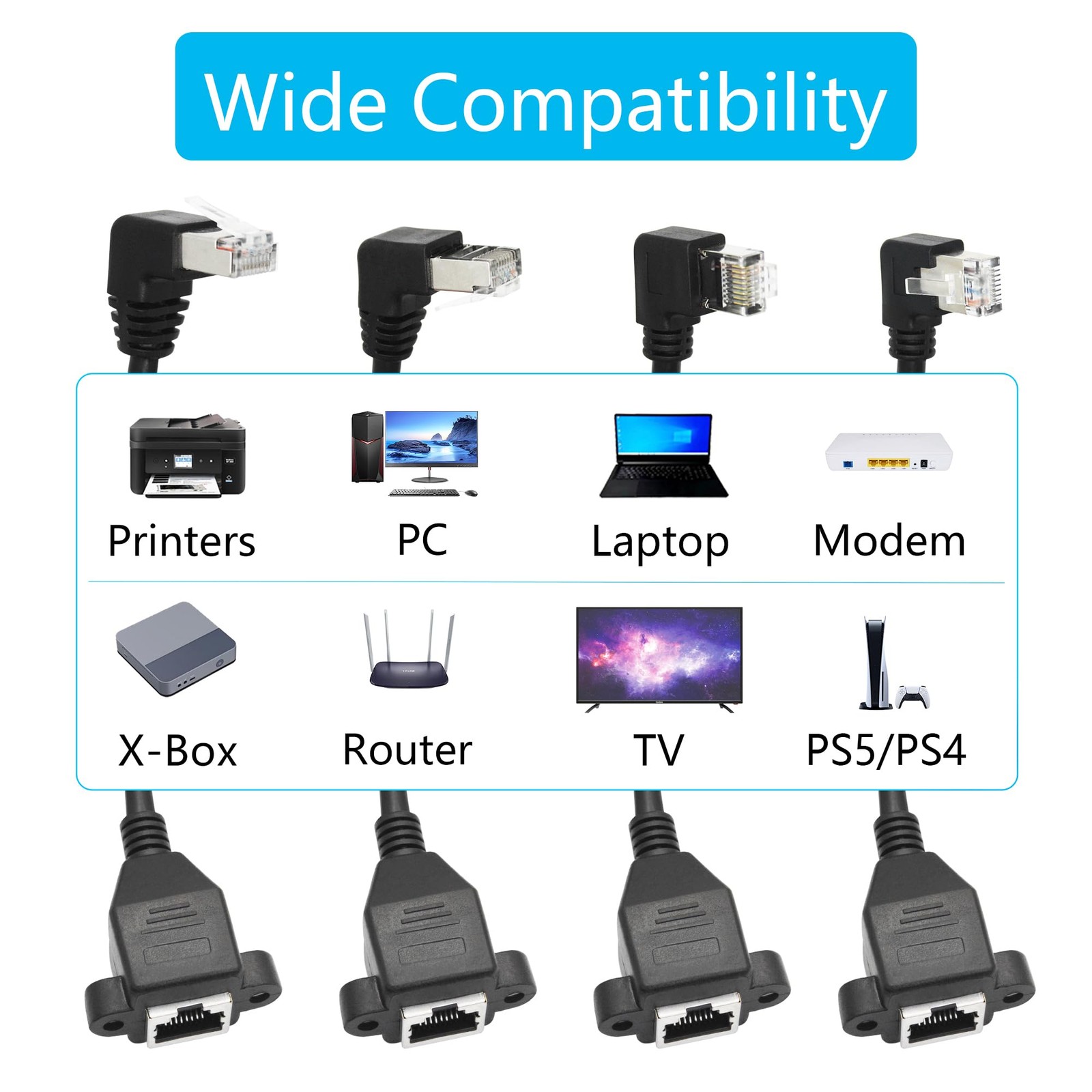 2 PCS 1FT 90 Degree Cat 6 Right Angle RJ45 Male To Female Extension Cable PC