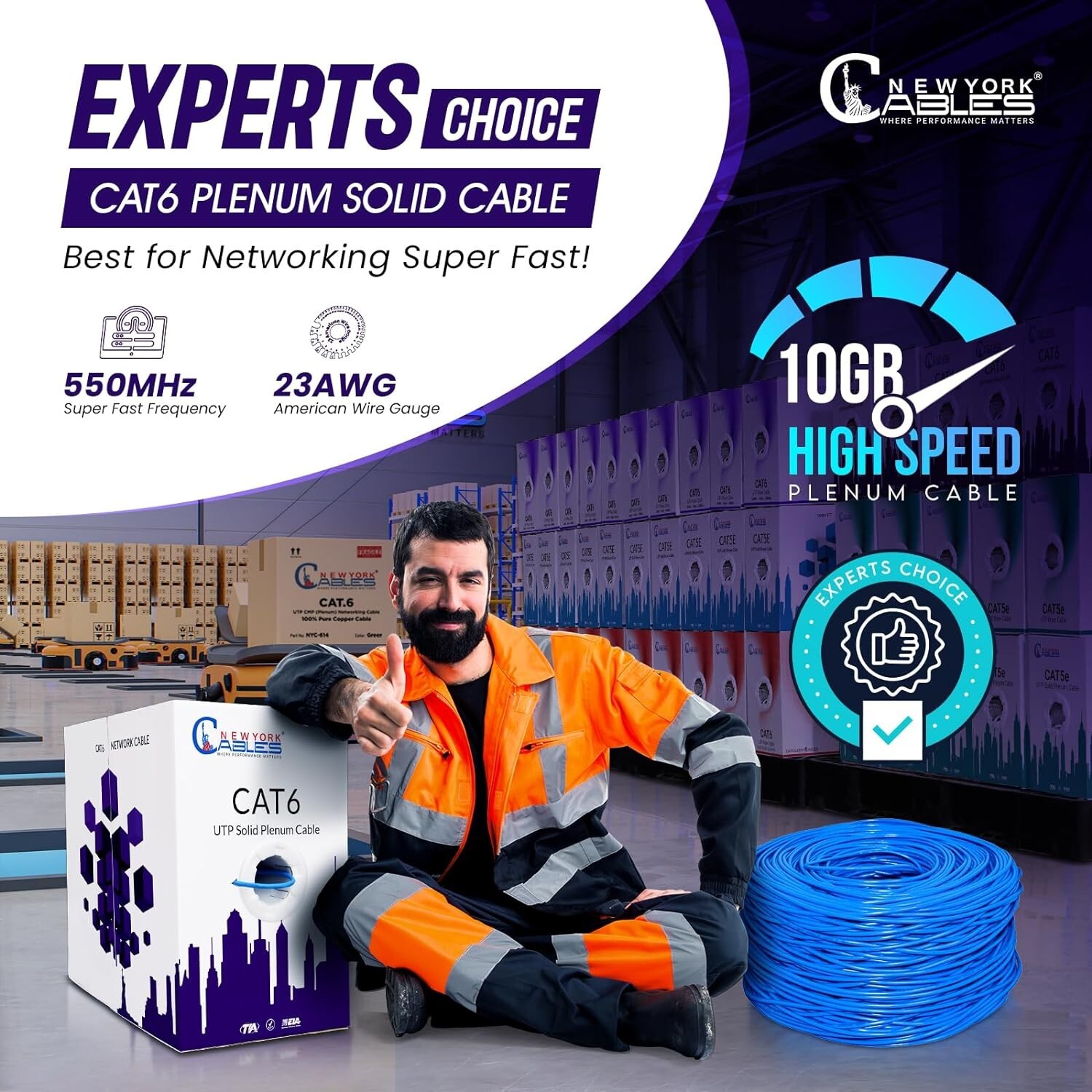 Cat6 Plenum 1000ft CCA UTP Bulk Ethernet Cable 23AWG 550MHz Internet Wire Blue
