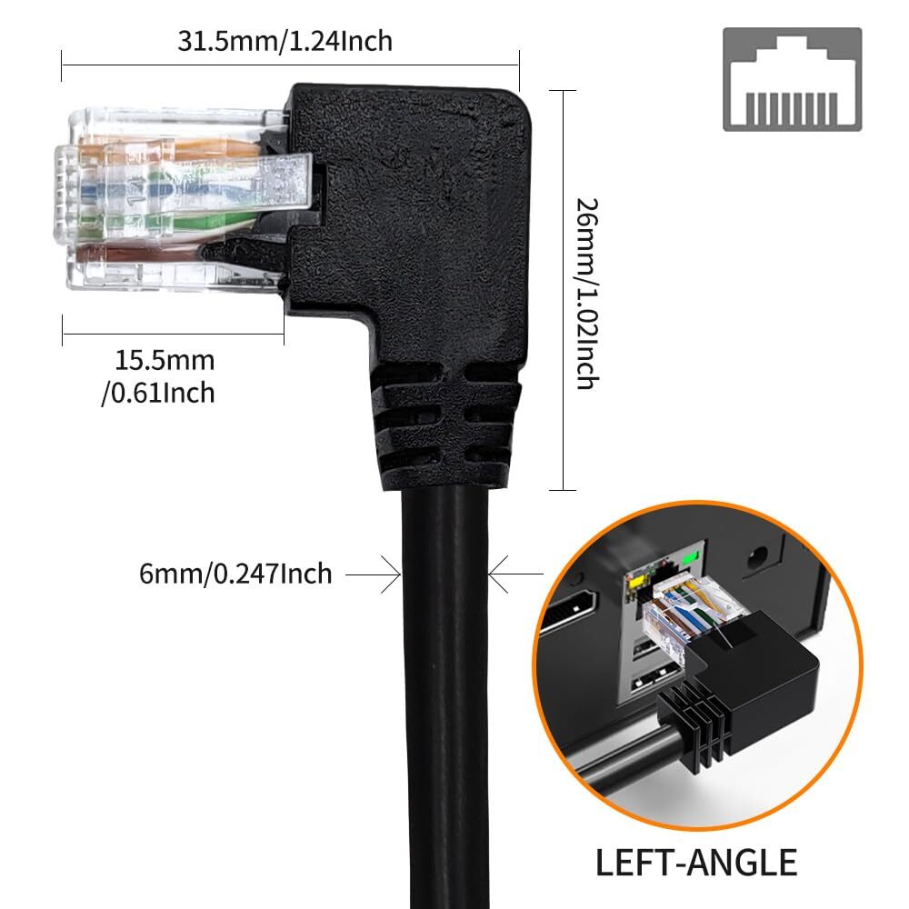 Cat6 Ethernet Cable 10ft Left Angle RJ45 LAN Patch Cord for PCs & Smart TVs