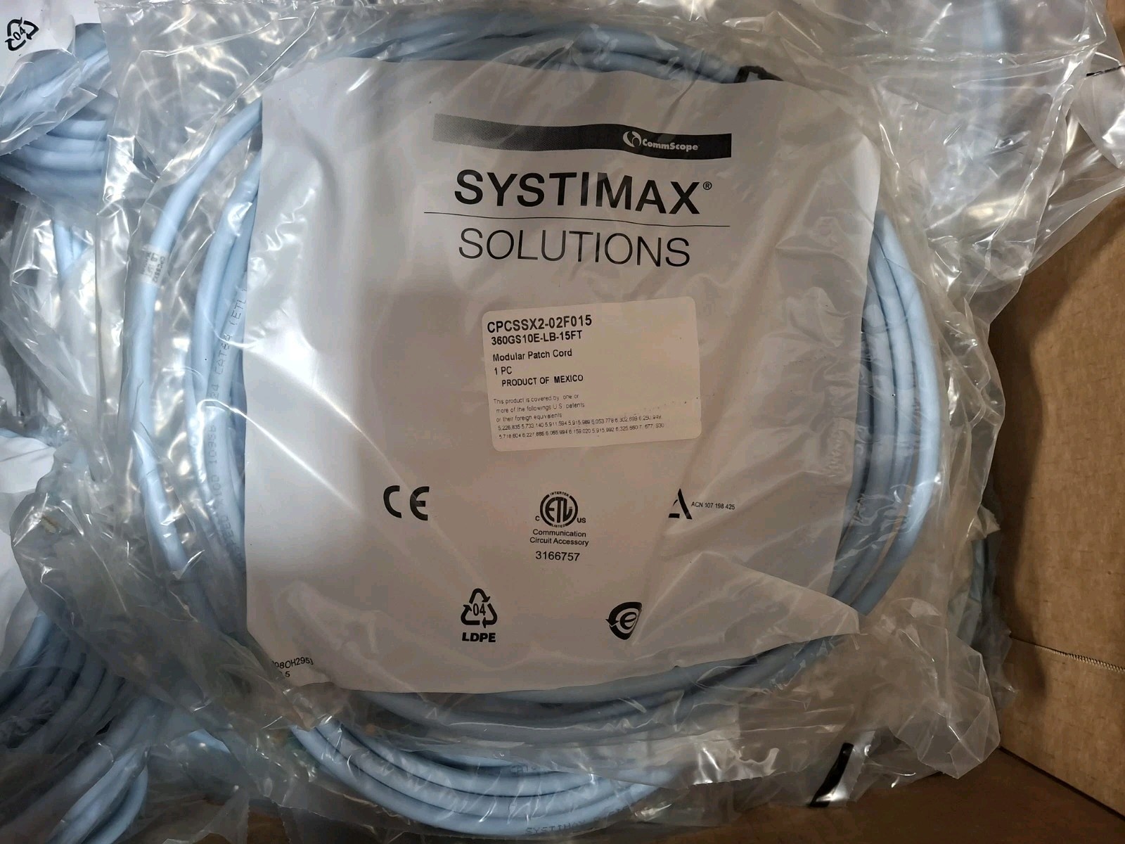 (QTY 10) 15ft Commscope CAT 6A Patch Cable 360GS10E-LB-15FT CPCSSX2-02F015