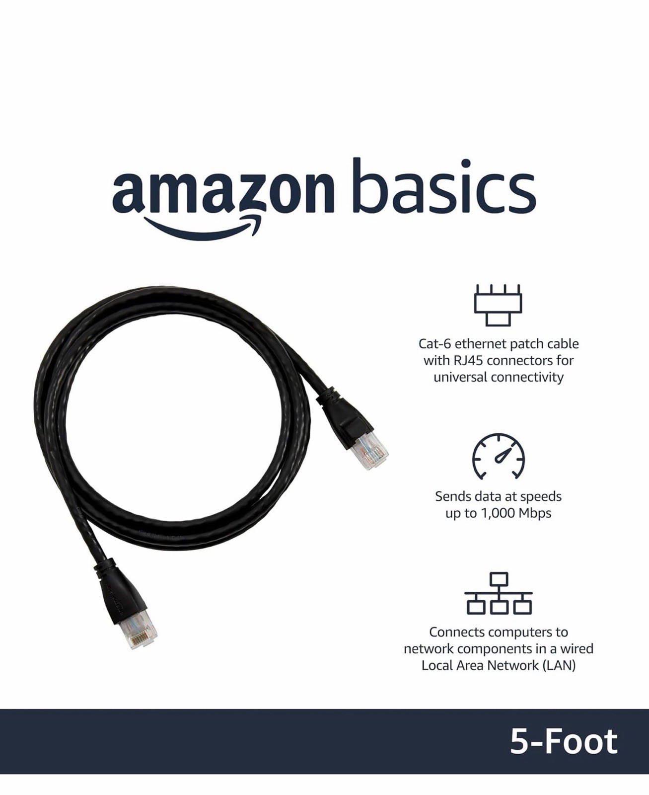 Amazon Basics RJ45 Cat-6 Ethernet Patch Internet, 5 Foot, Black
